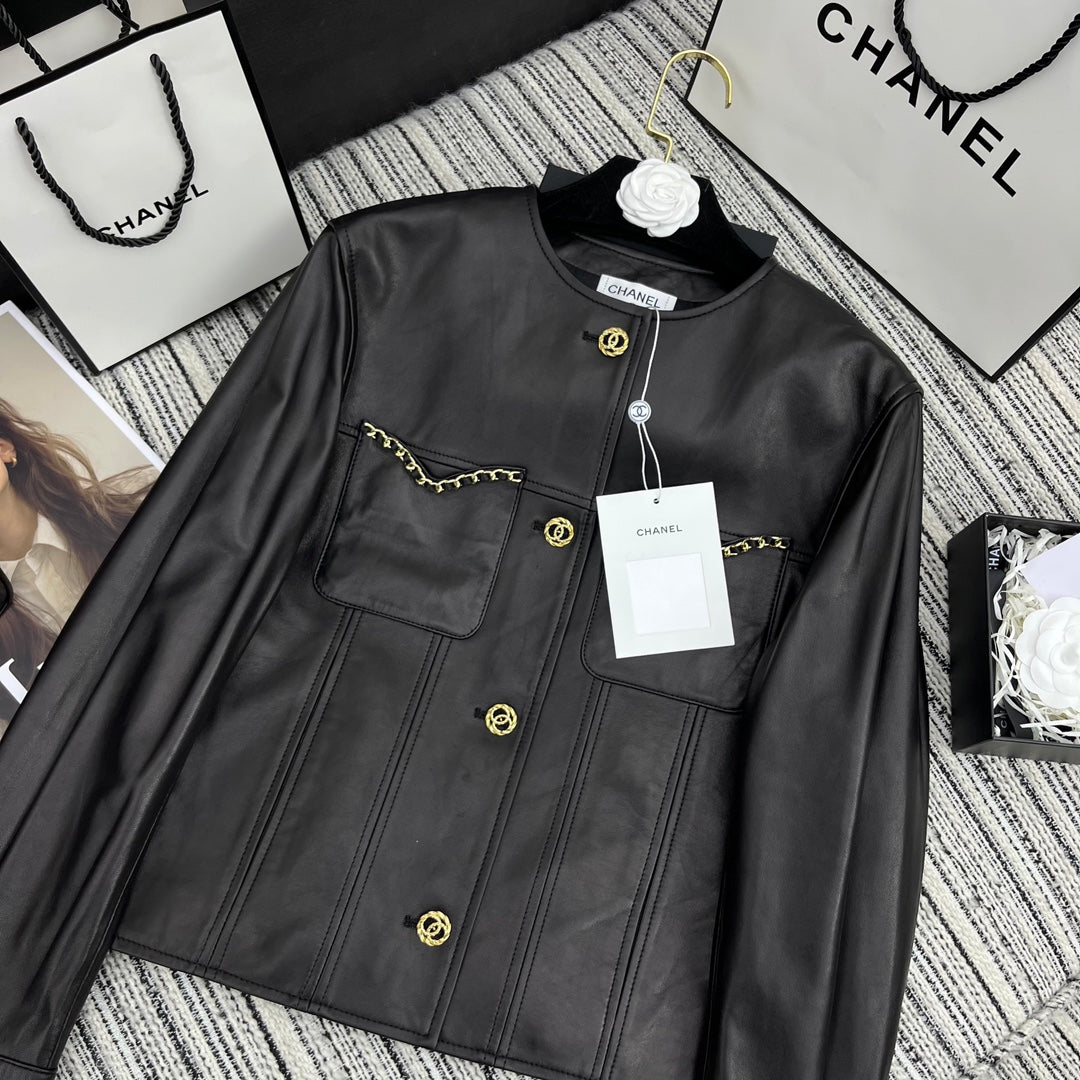 CC Round Crew Neck Leather Chain Jacket Black Lambskin