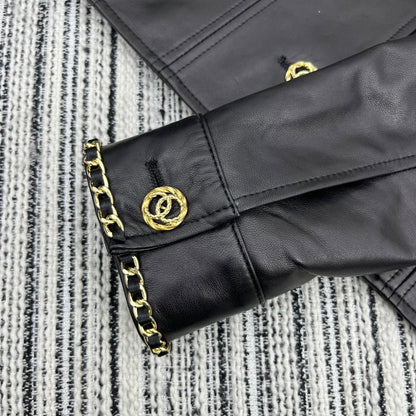 CC Round Crew Neck Leather Chain Jacket Black Lambskin