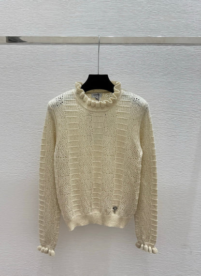 CC 25 Ruffled Gold and Silver Hollow-Out Crew Neck Knit Long Sleeve Cashmere