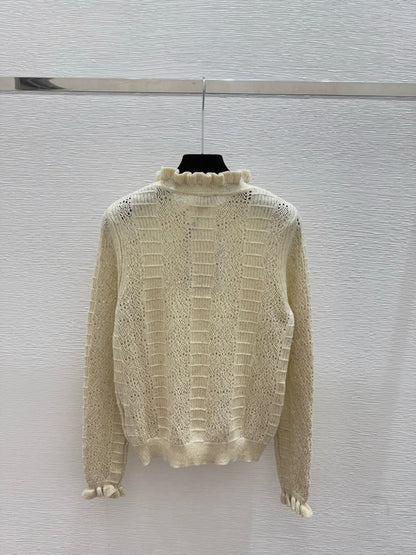 CC 25 Ruffled Gold and Silver Hollow-Out Crew Neck Knit Long Sleeve Cashmere