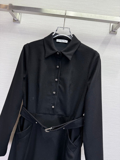 CD 25SS Long Dress With A Fabric Belt Black Wool 306575