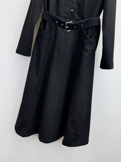 CD 25SS Long Dress With A Fabric Belt Black Wool 306575