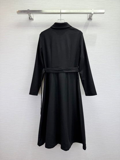 CD 25SS Long Dress With A Fabric Belt Black Wool 306575