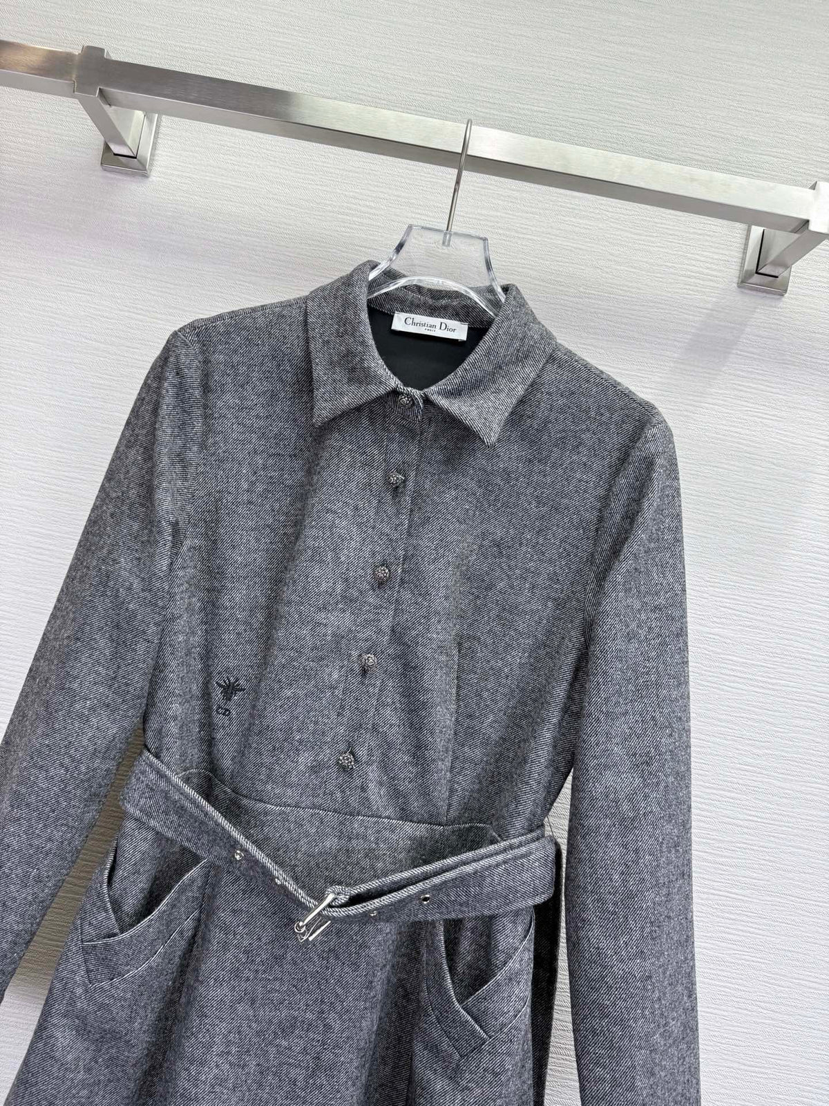 CD 25SS Long Dress With A Fabric Belt Gray Wool 306573