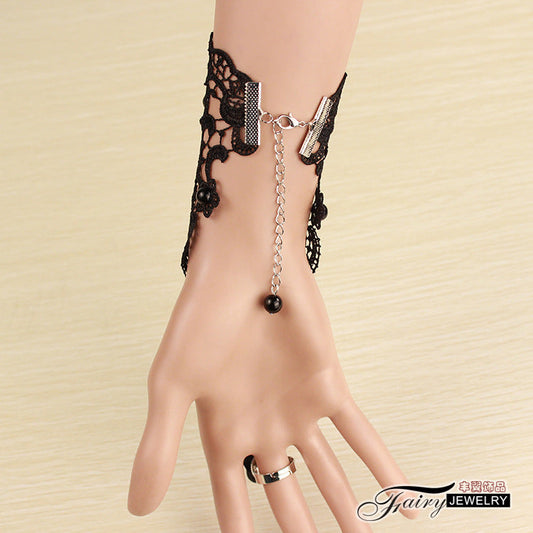 New Pearl Dress Accessories Black Lace Bracelet With Ring One Chain Bracelet