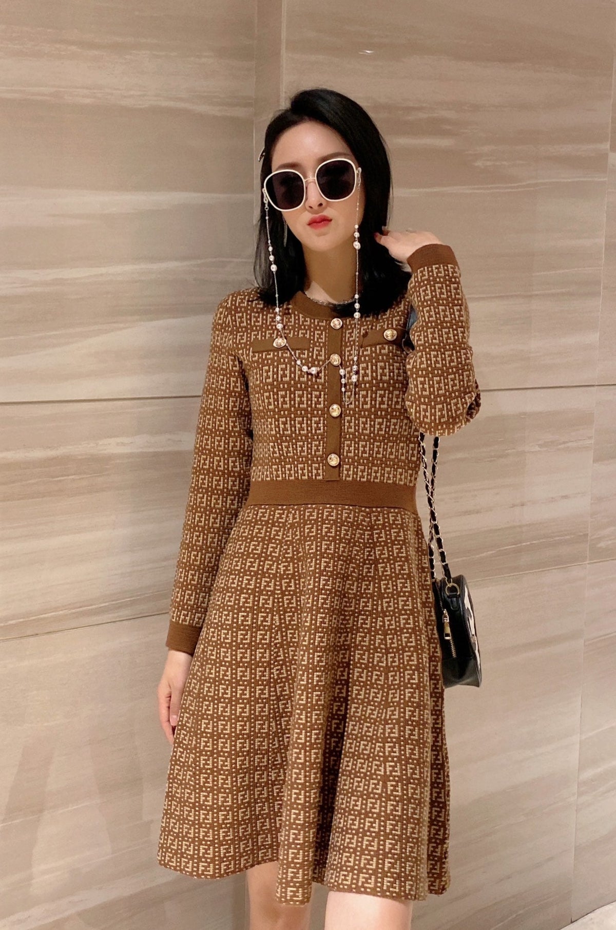 Fendi FF Logo Long Sleeve Jacquard Brown Fabric Wool Dress