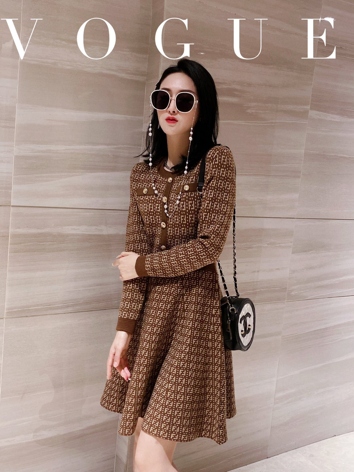 Fendi FF Logo Long Sleeve Jacquard Brown Fabric Wool Dress