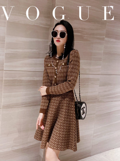 Fendi FF Logo Long Sleeve Jacquard Brown Fabric Wool Dress