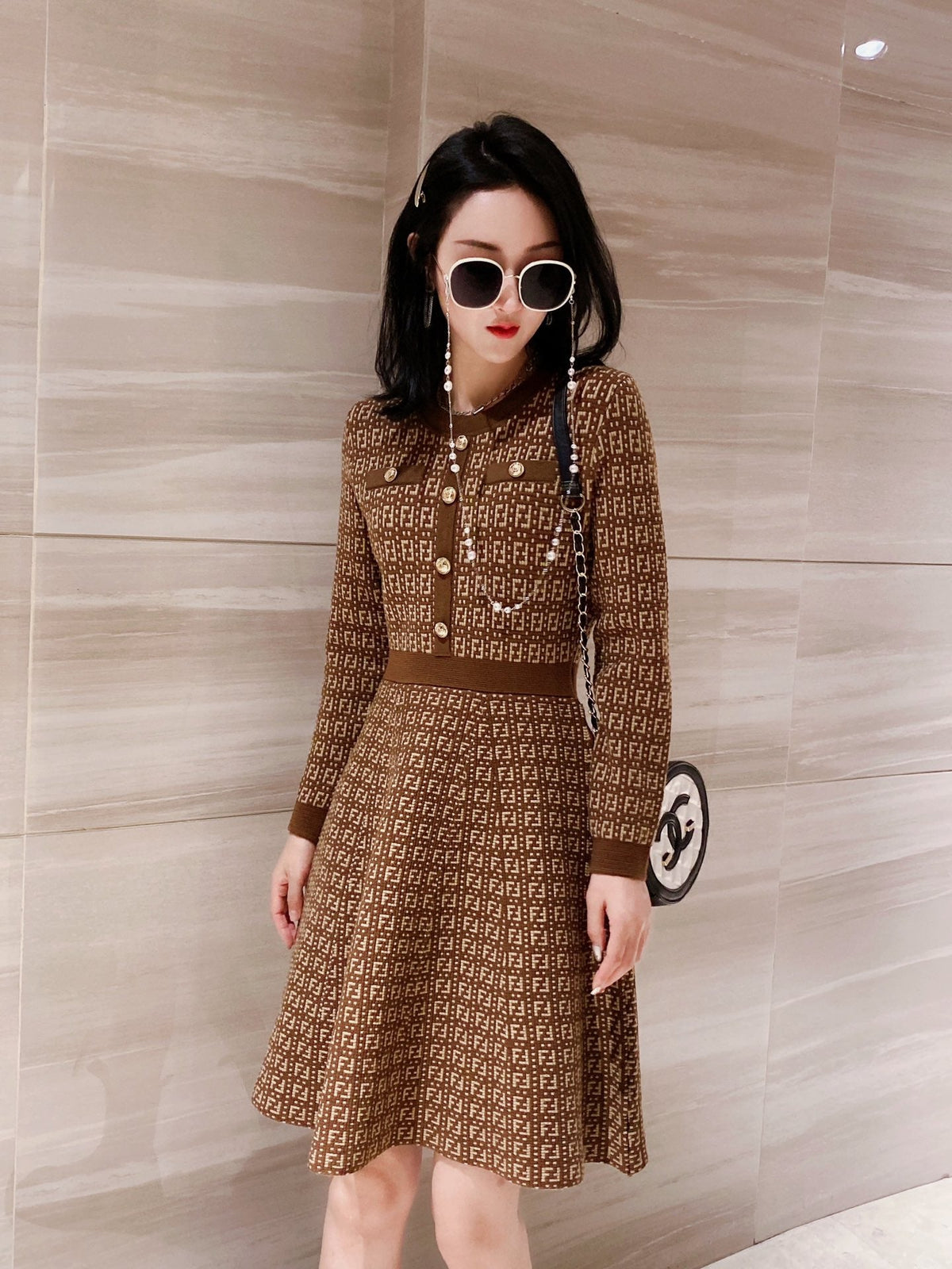 Fendi FF Logo Long Sleeve Jacquard Brown Fabric Wool Dress