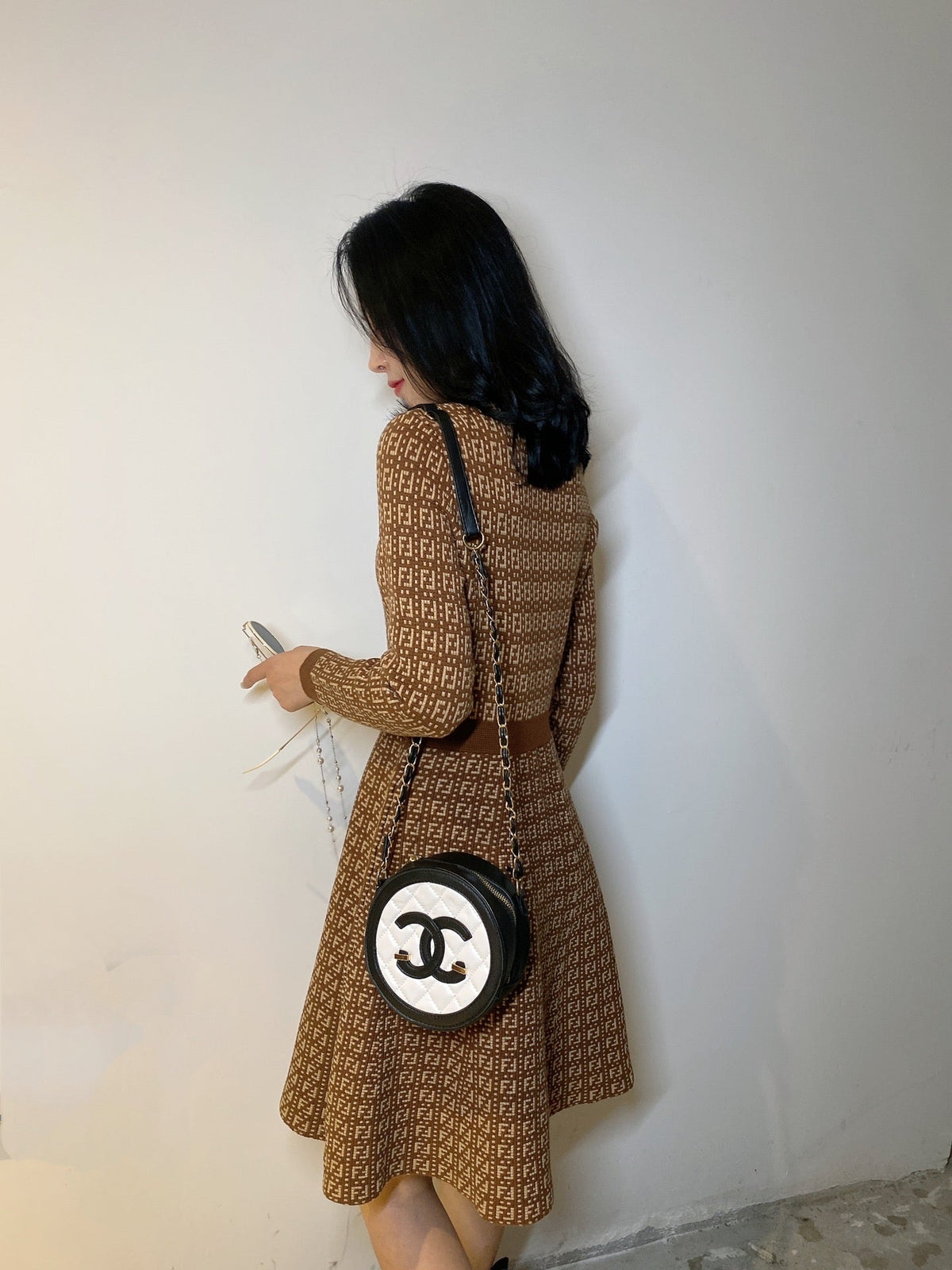 Fendi FF Logo Long Sleeve Jacquard Brown Fabric Wool Dress