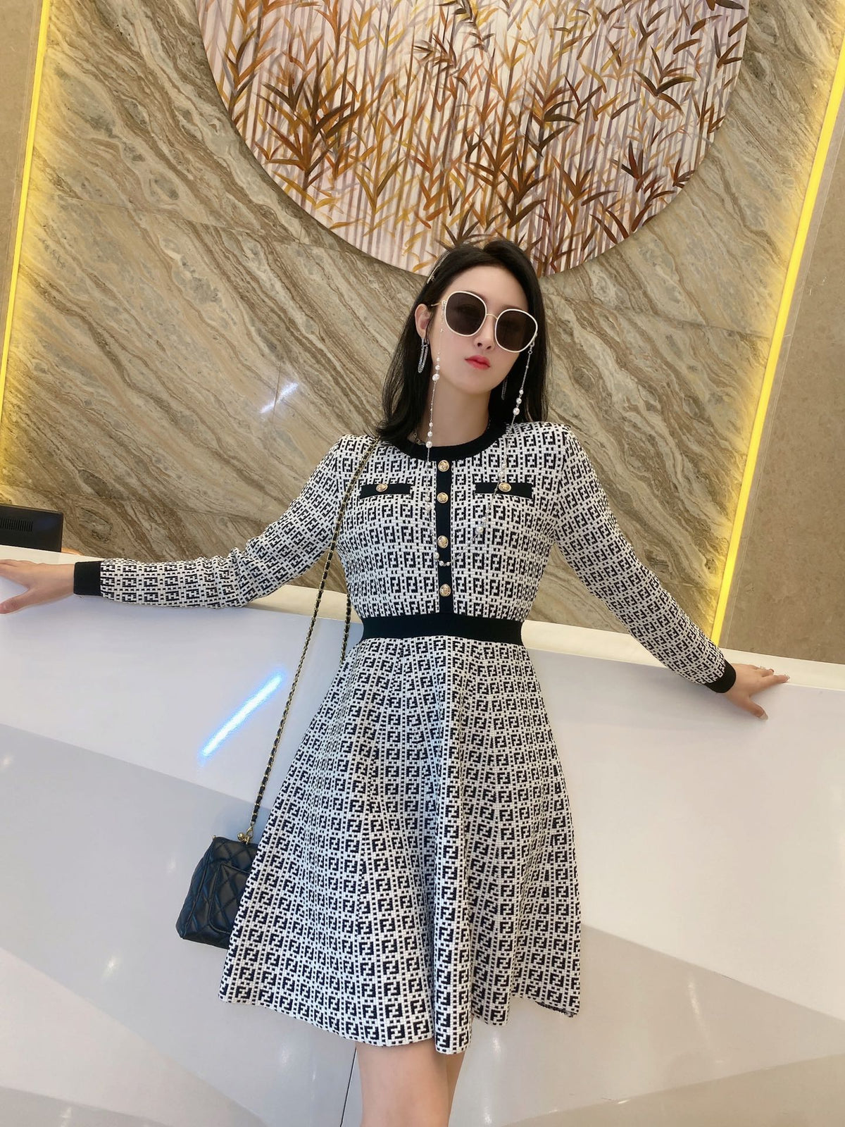 Fendi FF Logo Long Sleeve Jacquard Button Black White Fabric Wool Dress