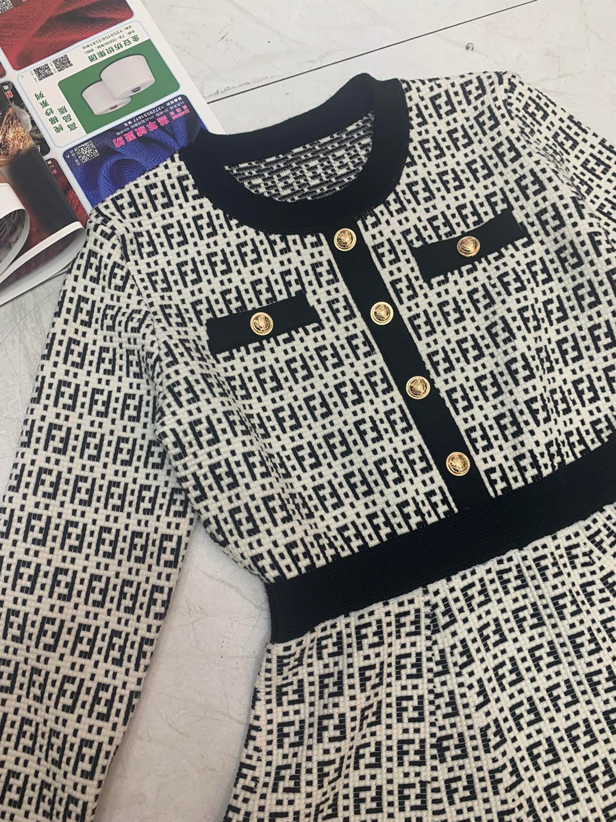 Fendi FF Logo Long Sleeve Jacquard Button Black White Fabric Wool Dress
