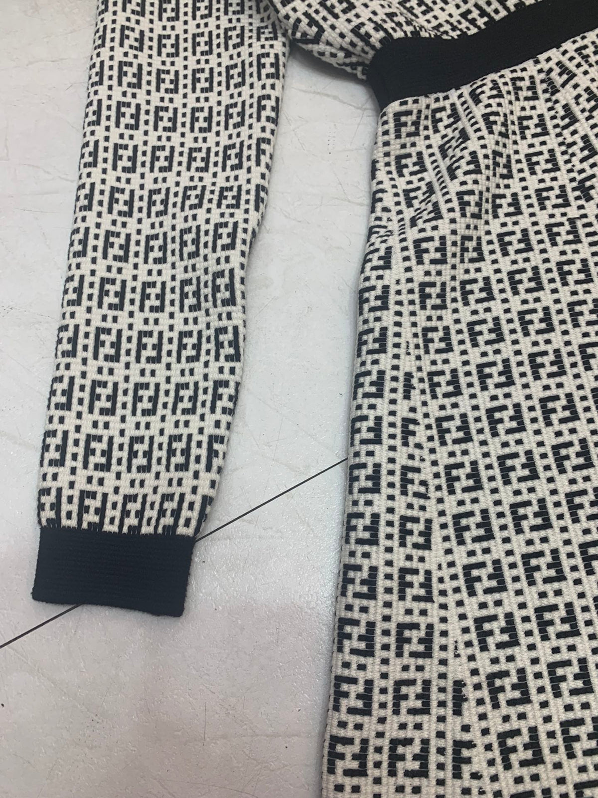Fendi FF Logo Long Sleeve Jacquard Button Black White Fabric Wool Dress