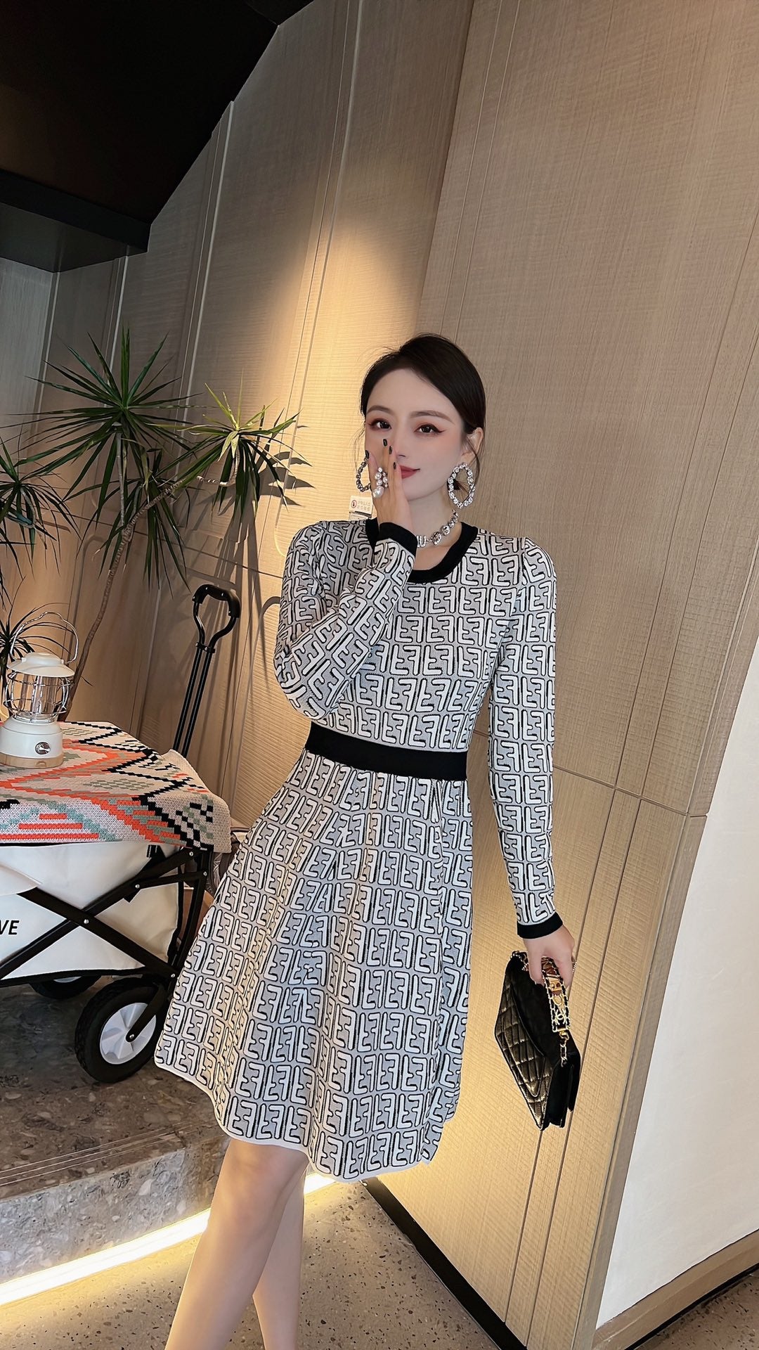Fendi FF Logo Long Sleeve Jacquard Round Collar Gray Fabric Dress