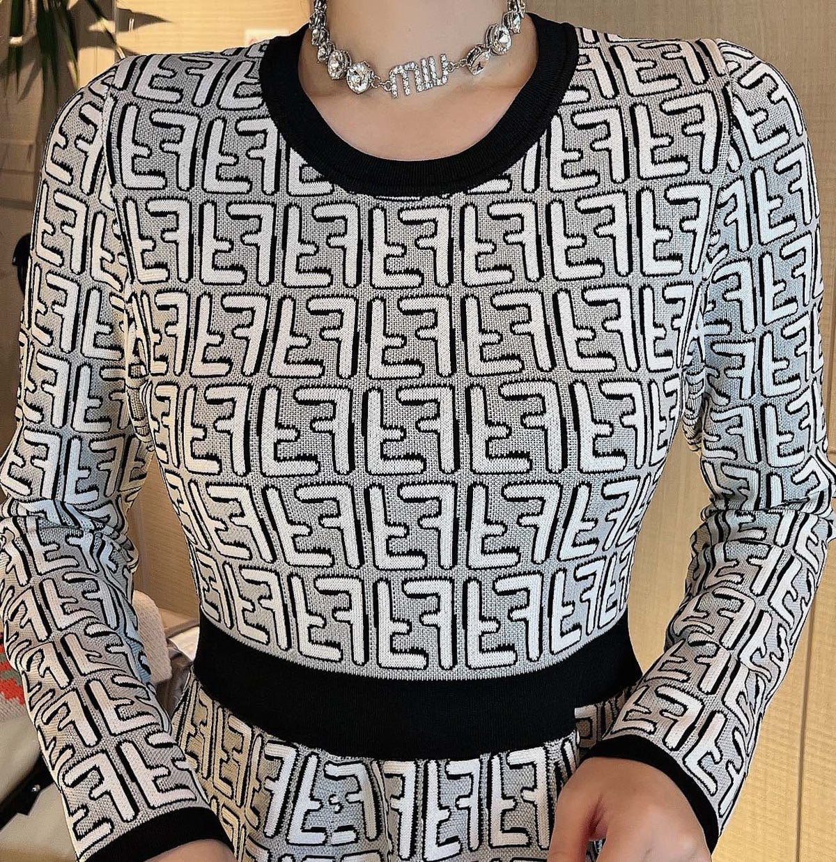 Fendi FF Logo Long Sleeve Jacquard Round Collar Gray Fabric Dress