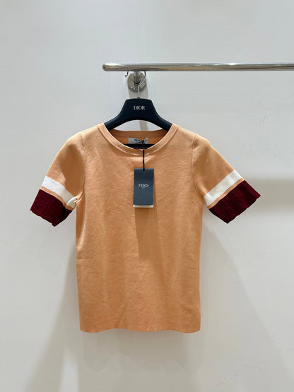 Fendi 25 Round Neck Knit Short-Sleeved Shirt Brown Tencel