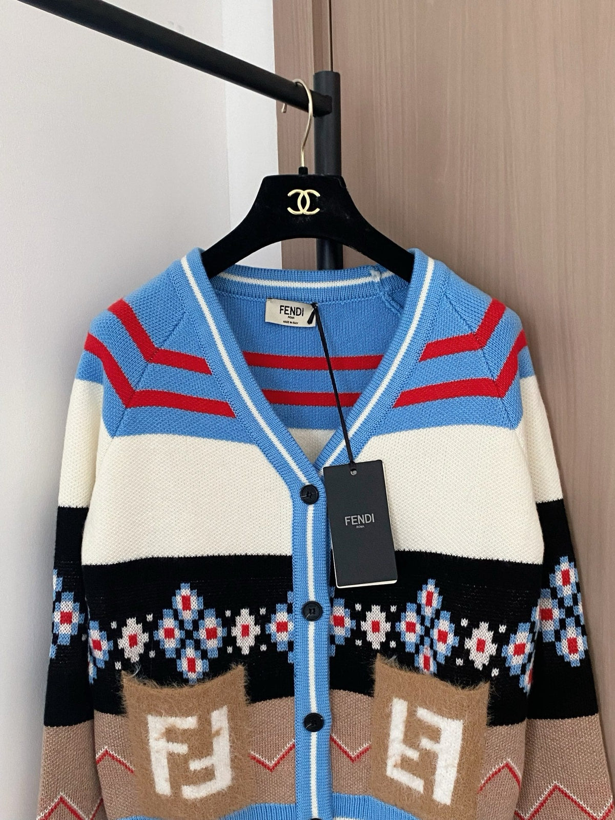 Fendi 25 Round Neck Pockets Mix Colors Viscose Cardigan