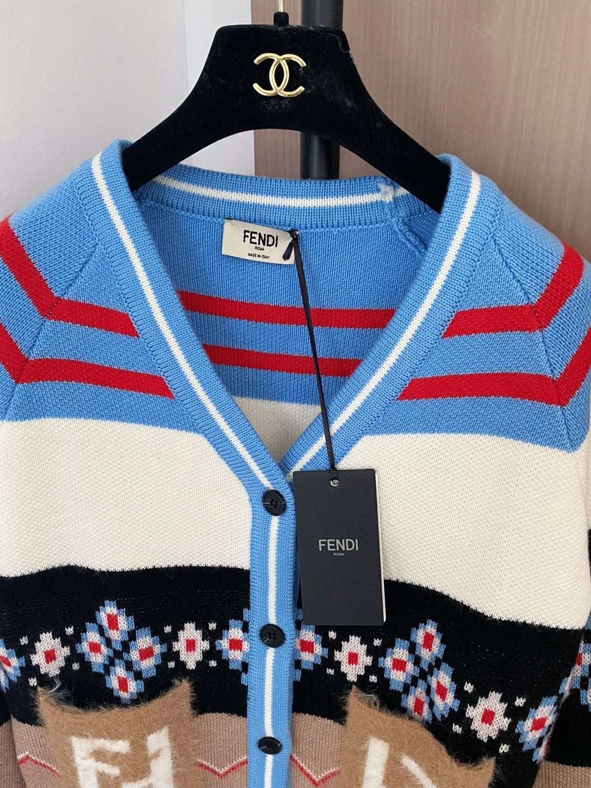 Fendi 25 Round Neck Pockets Mix Colors Viscose Cardigan
