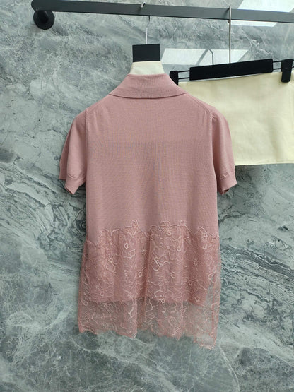 Fendi 25SS Polo Collar Lace Hem Soft Pink Cashmere Shirt