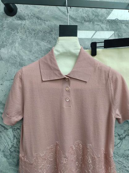Fendi 25SS Polo Collar Lace Hem Soft Pink Cashmere Shirt