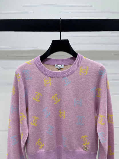 CC 25 Jacquard Long-Sleeved Pullover Sweater Pink Wool