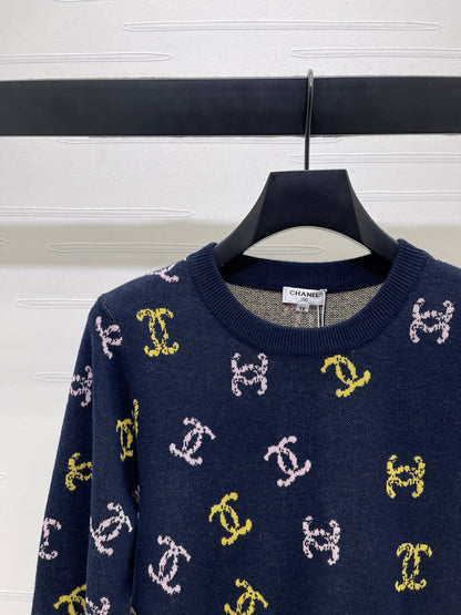 CC 25 Jacquard Long-Sleeved Pullover Sweater Black Wool