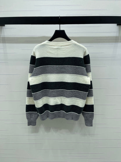 CC 25 Round-Neck Knitted Wool Cashmere Striped Cardigan