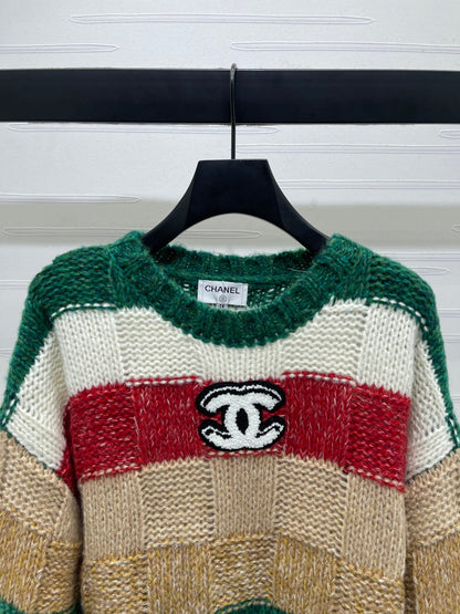 CC 25 Striped Long-Sleeved Pullover Sweater Green Wool