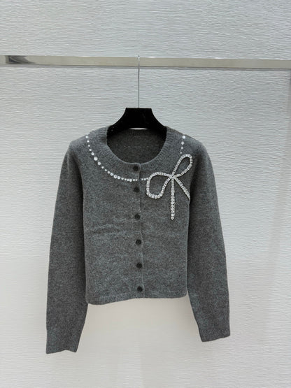 CC 25F Heavy Bow Beaded Round Neck Knit Wool Cashmere Long-Sleeved Cardigan