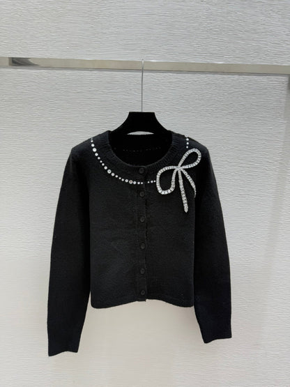 CC 25F Heavy Bow Beaded Round Neck Knit Wool Cashmere Long-Sleeved Cardigan