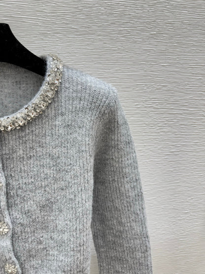 CC 25F Heavy Beaded CrewNeck Knit Wool Long-Sleeved Cardigan