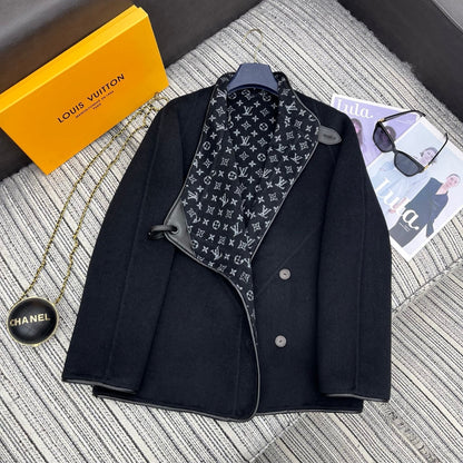 LV 25FW Double-Faced Wool Coat Jacket Lambskin Edge Black 311694