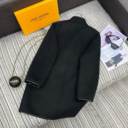LV 25FW Double-Faced Wool Long Coat Lambskin Edge Black 311676