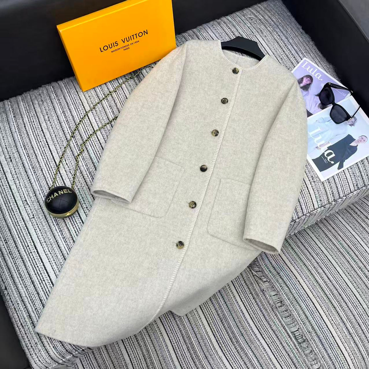 LV 25FW Double-Faced Wool Long Coat Light Gray 311668