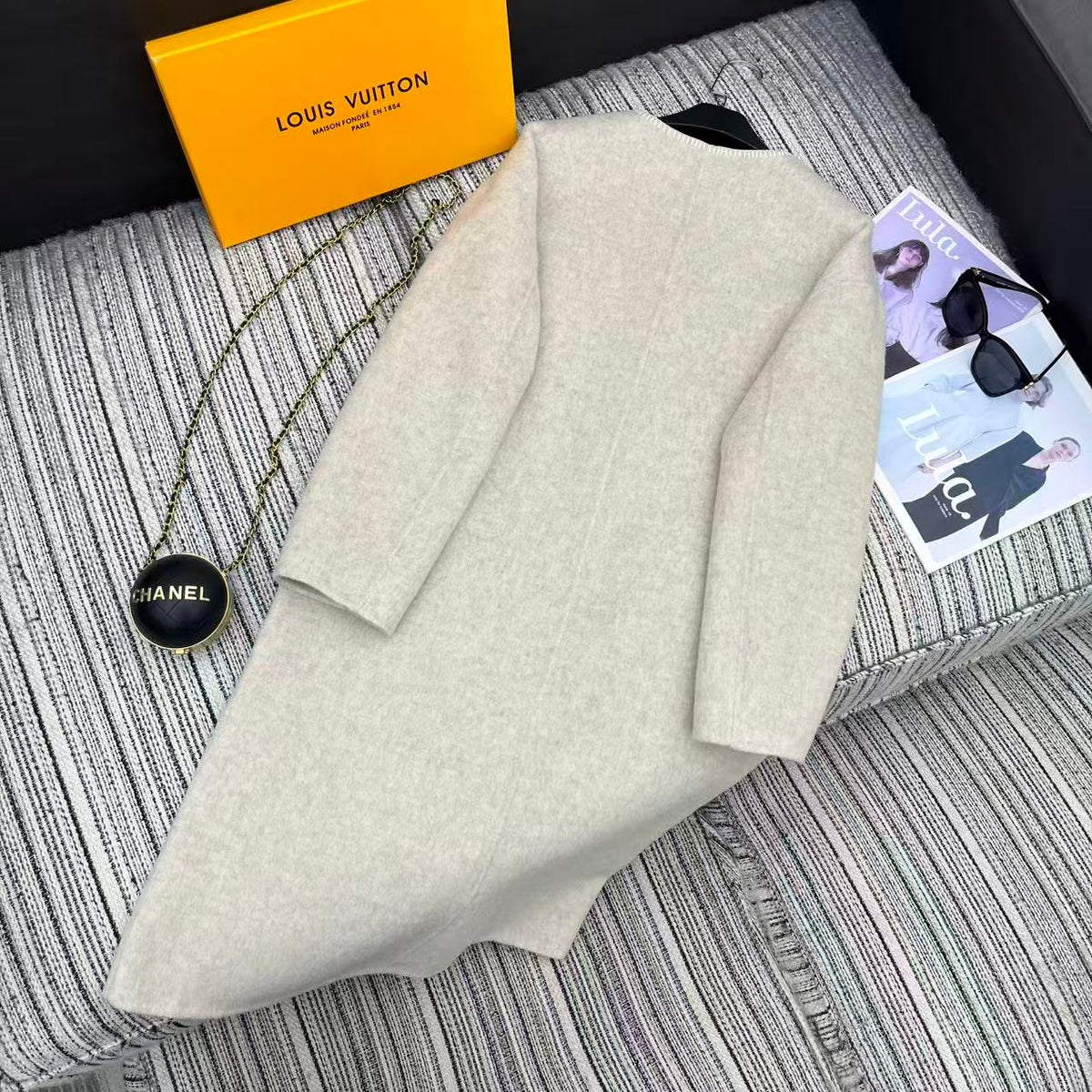 LV 25FW Double-Faced Wool Long Coat Light Gray 311668