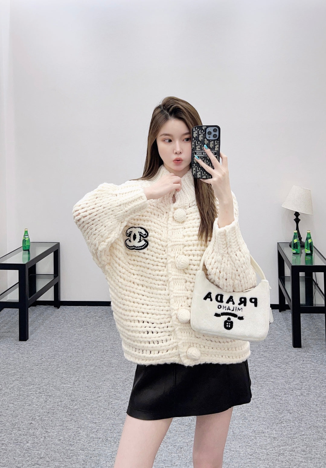 CC 25 Double C Hollow Letter Knit Cream Cardigan