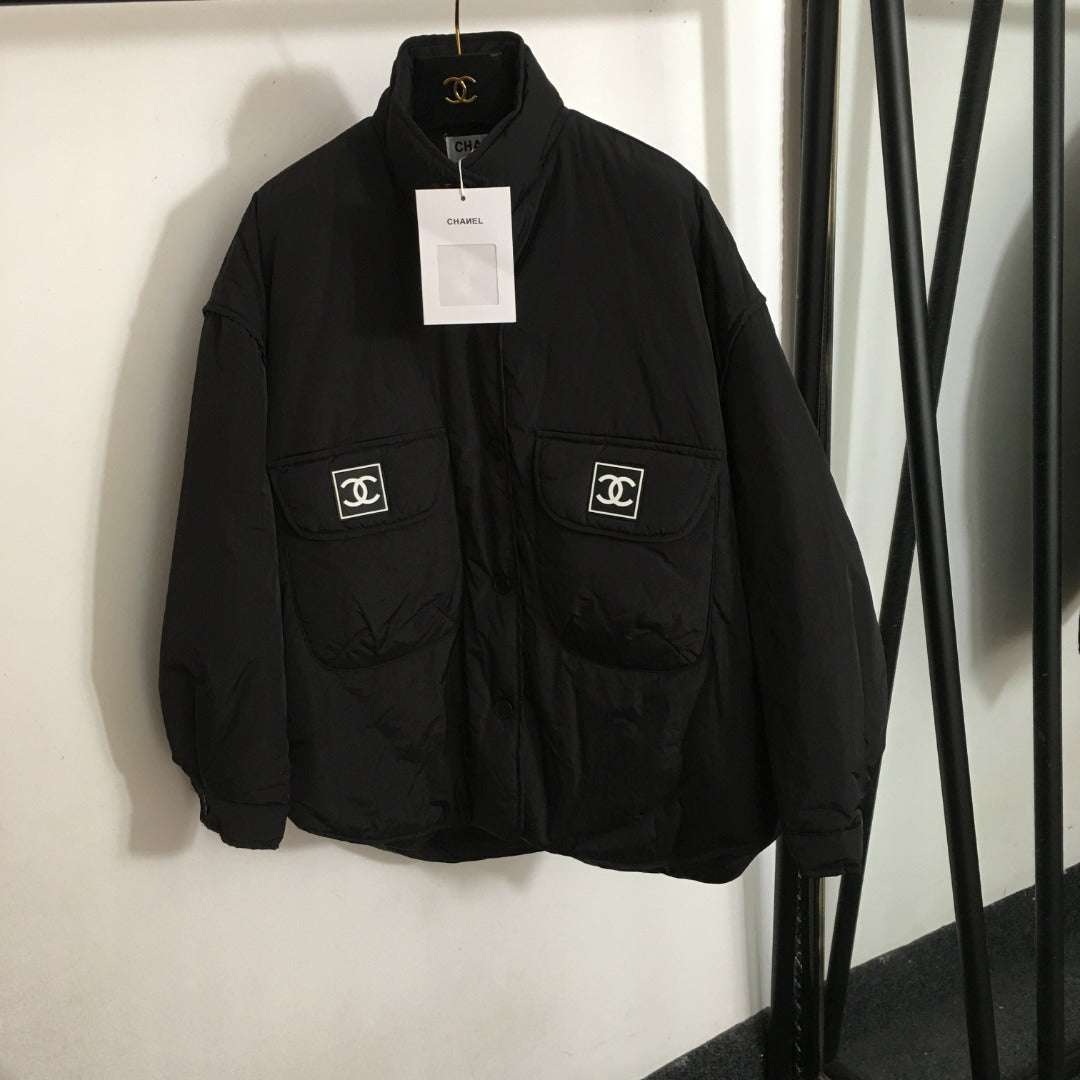 CC Logo Offset Printed Double Pocket Stand Collar Long Sleeve Cotton Jacket