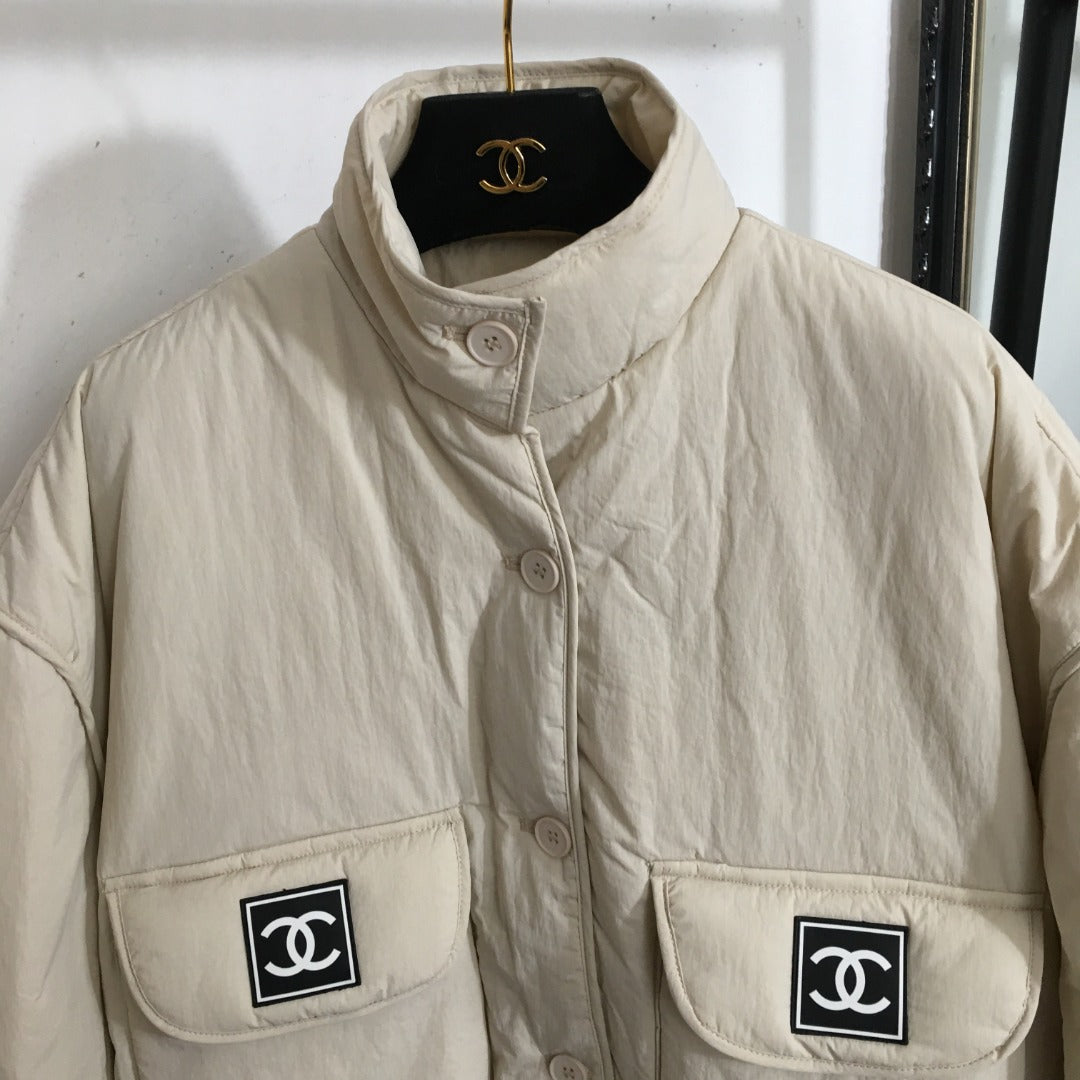 CC Logo Offset Printed Double Pocket Stand Collar Long Sleeve Cotton Jacket