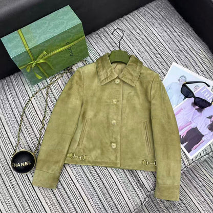 GG 25FW Metal Chain Hem Lapel Jacket Olive Green Suede Lambskin
