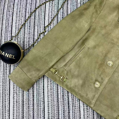 GG 25FW Metal Chain Hem Lapel Jacket Olive Green Suede Lambskin