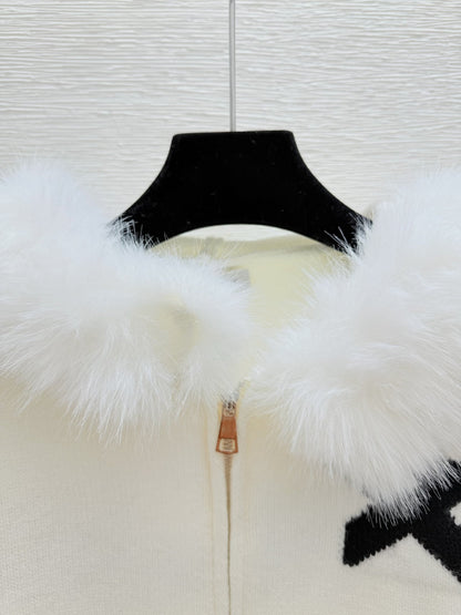 CD Feather-embellished Hooded Knit Long-sleeved Cardigan with Back Lettering