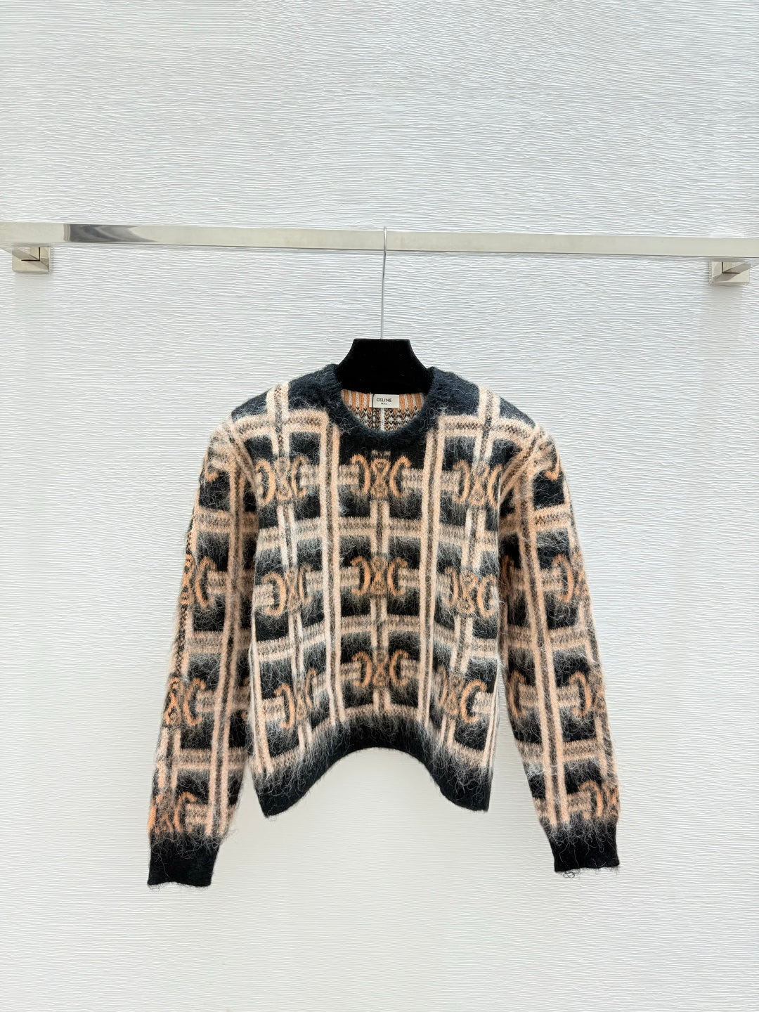 CE Contrast Color Monochrome Plaid Striped Crewneck Long Sleeve Knit Top Khaki Wool