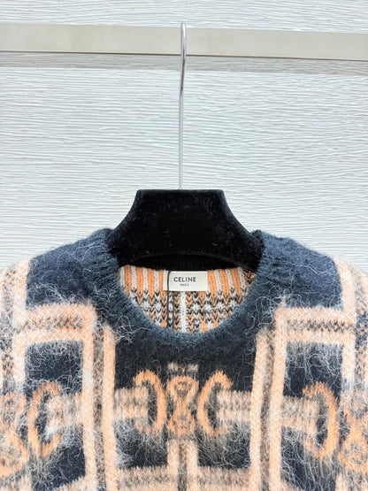 CE Contrast Color Monochrome Plaid Striped Crewneck Long Sleeve Knit Top Khaki Wool