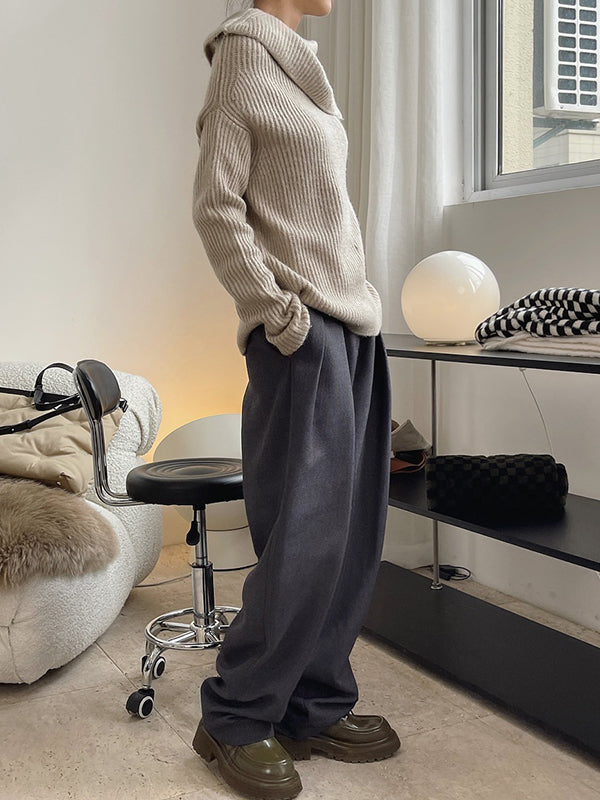 Casual Loose Long Sleeves Solid Color Lapel Sweater Tops