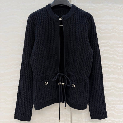 Chanel 26c Rhinestone Buckle Belt Cardigan Black Wool 333722