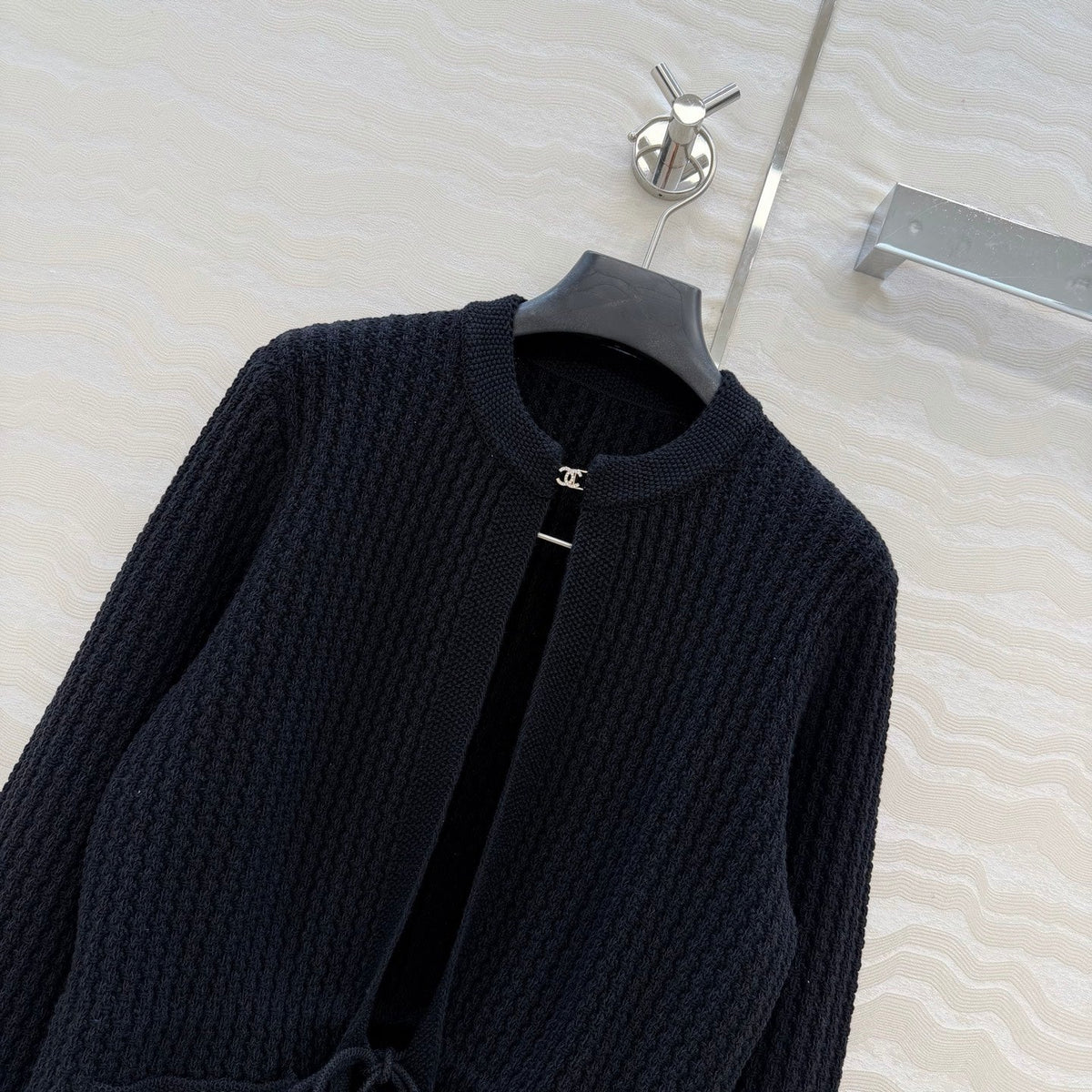 Chanel 26c Rhinestone Buckle Belt Cardigan Black Wool 333722