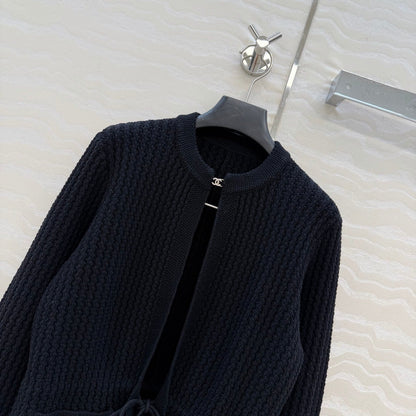 Chanel 26c Rhinestone Buckle Belt Cardigan Black Wool 333722