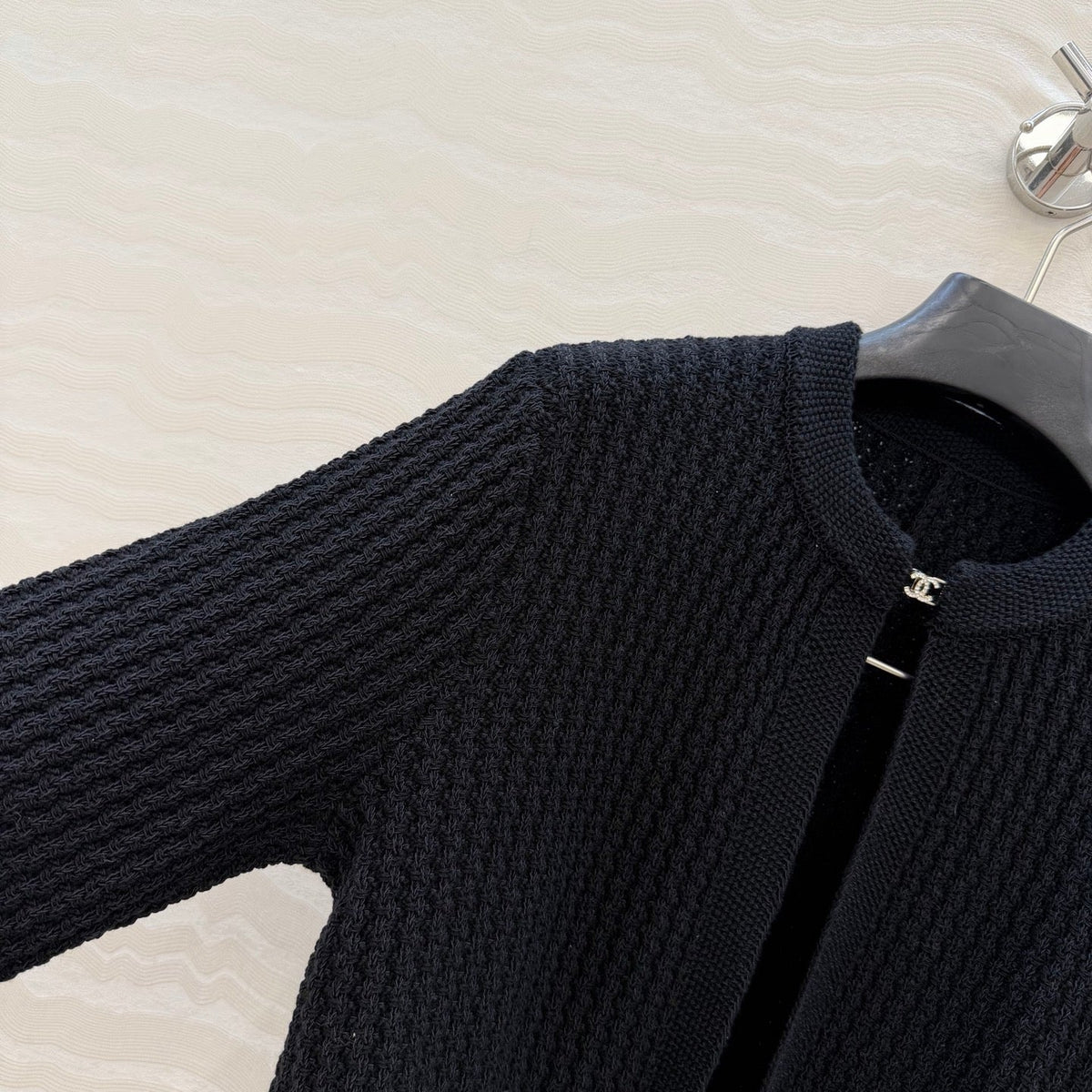 Chanel 26c Rhinestone Buckle Belt Cardigan Black Wool 333722