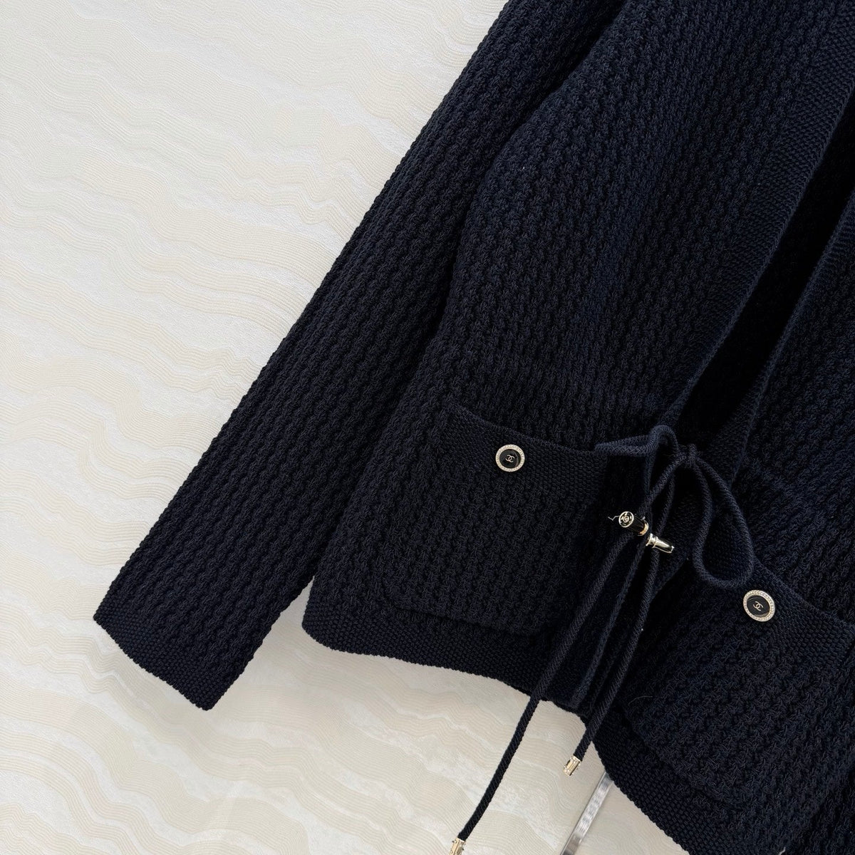 Chanel 26c Rhinestone Buckle Belt Cardigan Black Wool 333722
