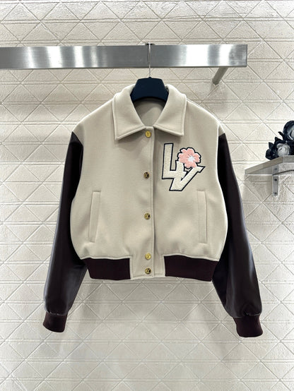 LV 26 Patchwork Leather Baseball Wool Jacket